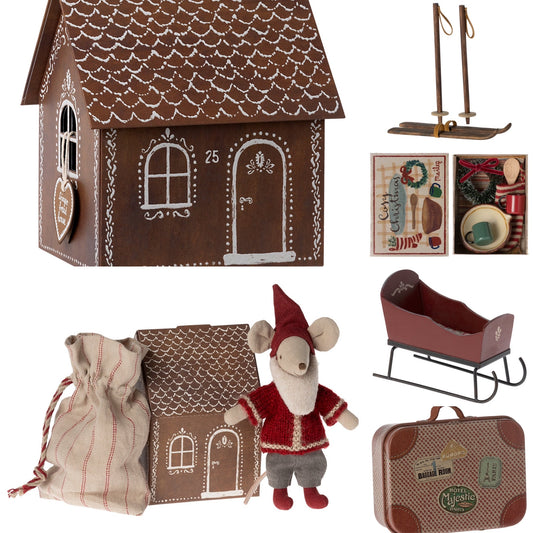 Maileg Gingerbread House (Small) & Santa Mouse Cosy Sleigh (Red) Ski Bundle - Worth £134.25