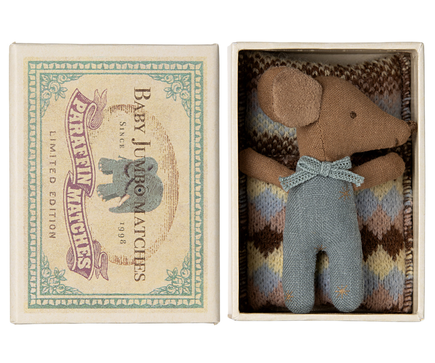 Maileg Sleepy Wakey Baby Mouse In Matchbox, Blue