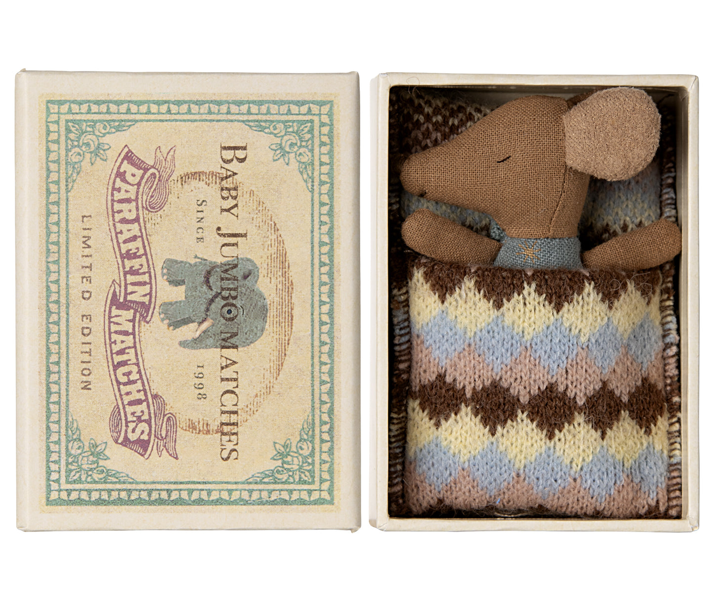 Maileg Sleepy Wakey Baby Mouse In Matchbox, Blue