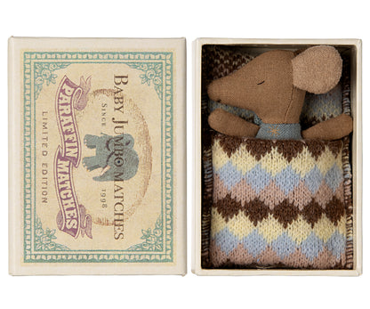 Maileg Sleepy Wakey Baby Mouse In Matchbox, Blue