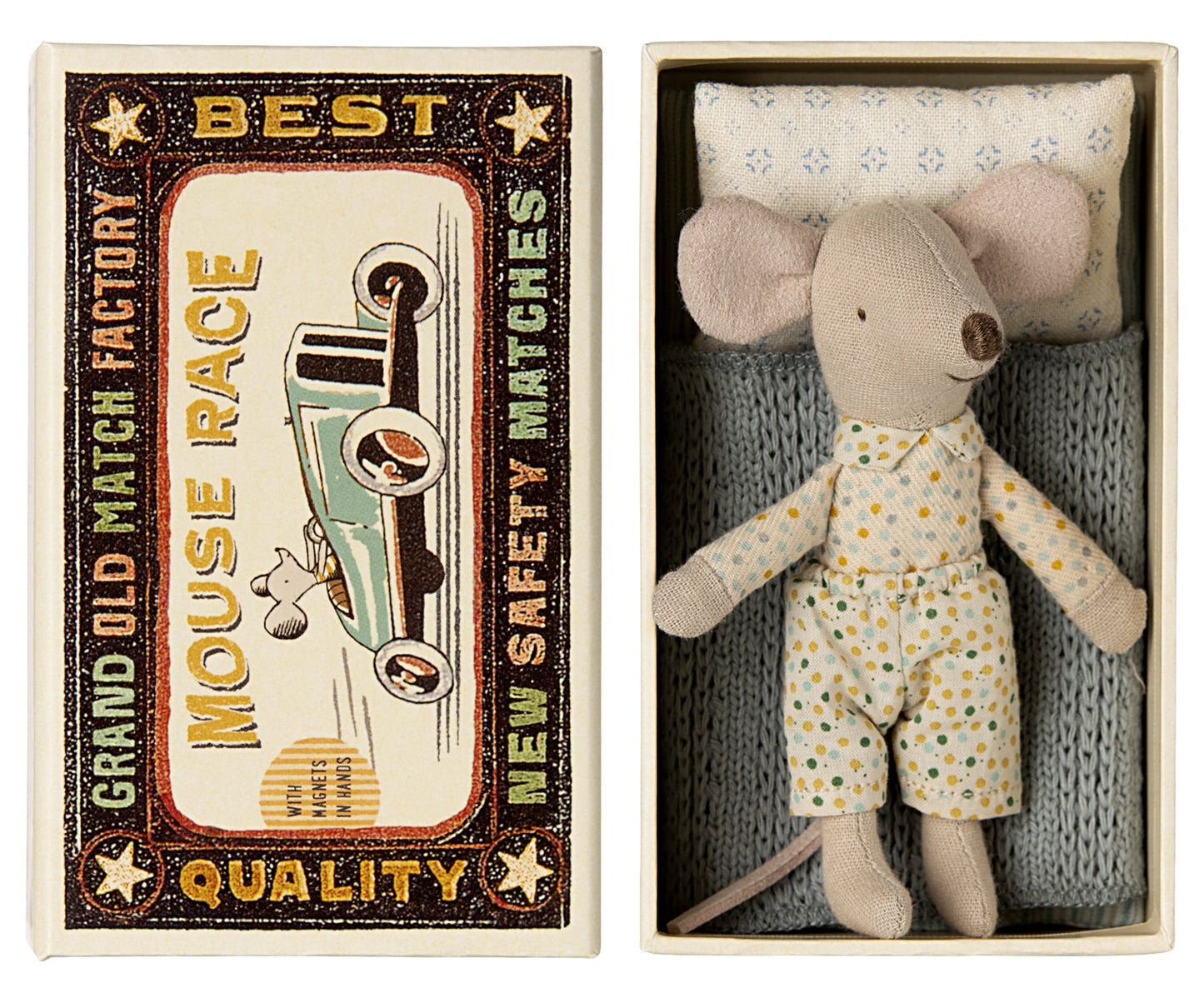 Maileg Little Brother Mouse With Magnetic Hands In Matchbox & Pyjamas & Clown Clothes In Suitcase Bundle - Worth £46