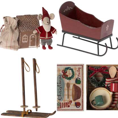 Maileg Santa Mouse Cosy Sleigh (Red) Ski Bundle - Worth £89.50