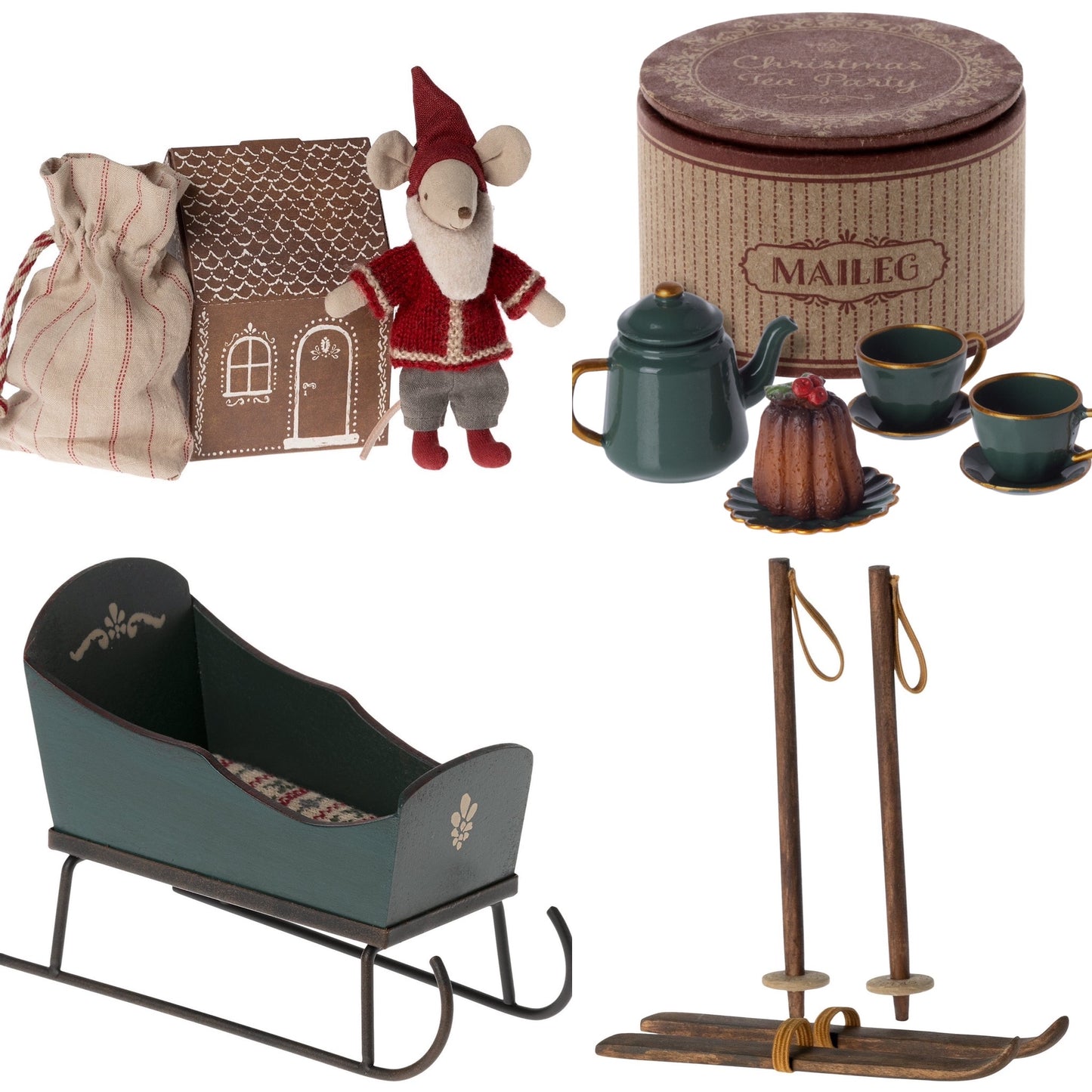 Maileg Santa Mouse Tea Party Sleigh (Green) Ski Bundle - Worth £89.50