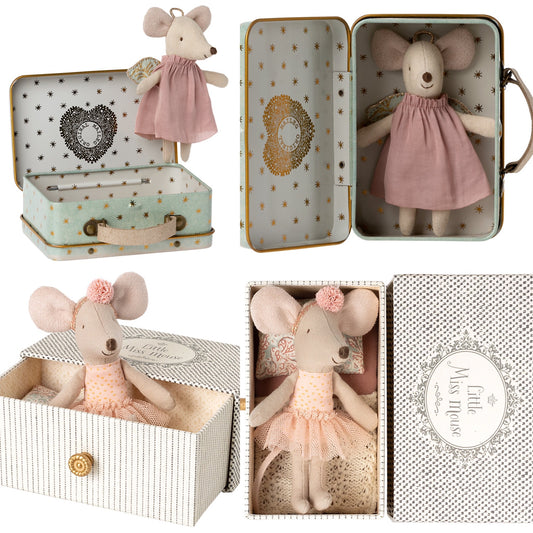 Maileg Dance Mouse In Daybed, Little Sister & Maileg Angel Mouse In Suitcase Bundle - Worth £45.25