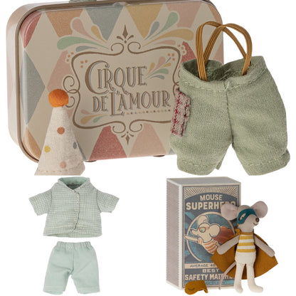 Maileg Super Hero Mouse, Little Brother In Matchbox & Pyjamas & Clown Clothes In Suitcase Bundle - Worth £46