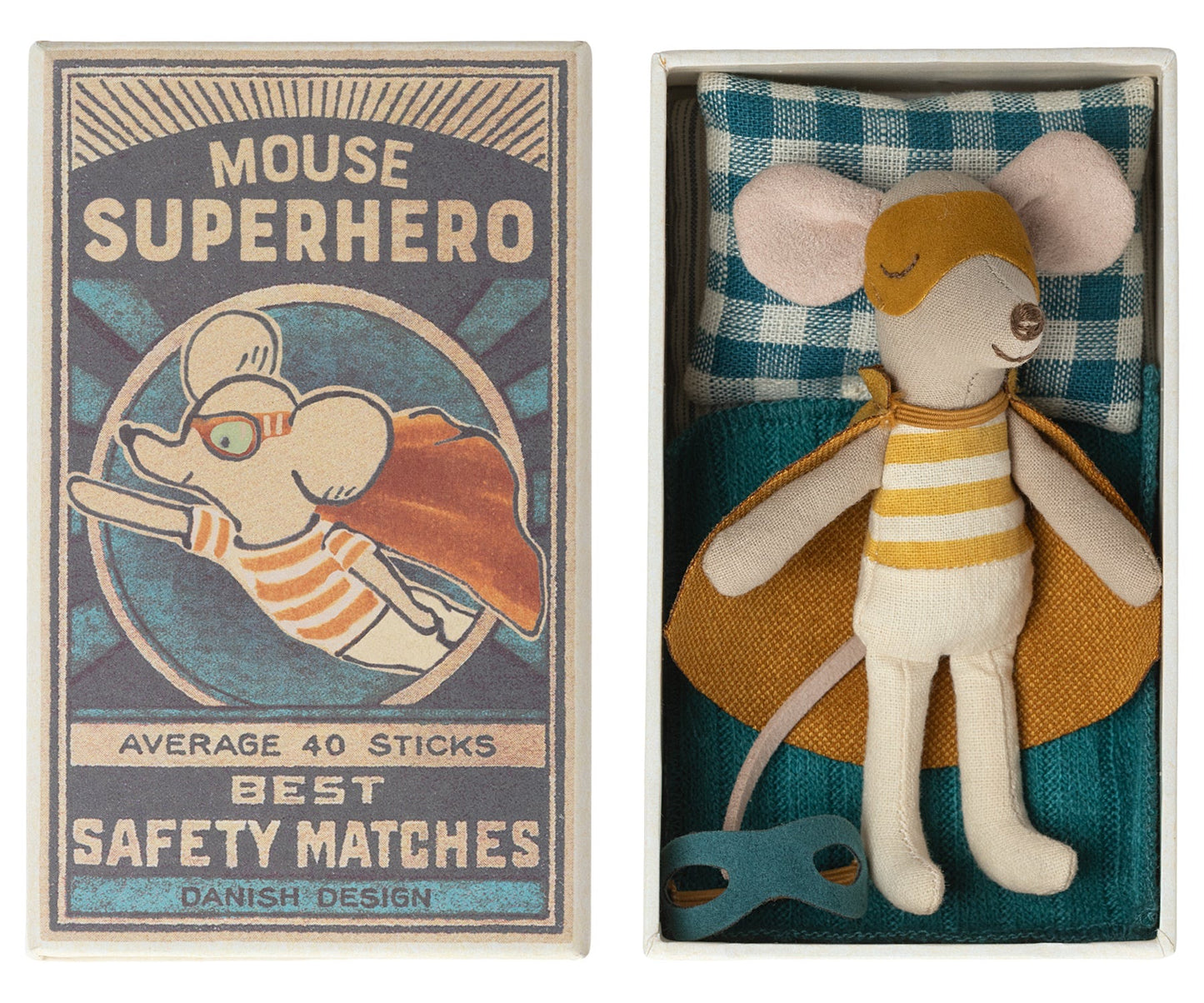 Maileg Super Hero Mouse, Little Brother In Matchbox & Pyjamas & Clown Clothes In Suitcase Bundle - Worth £46