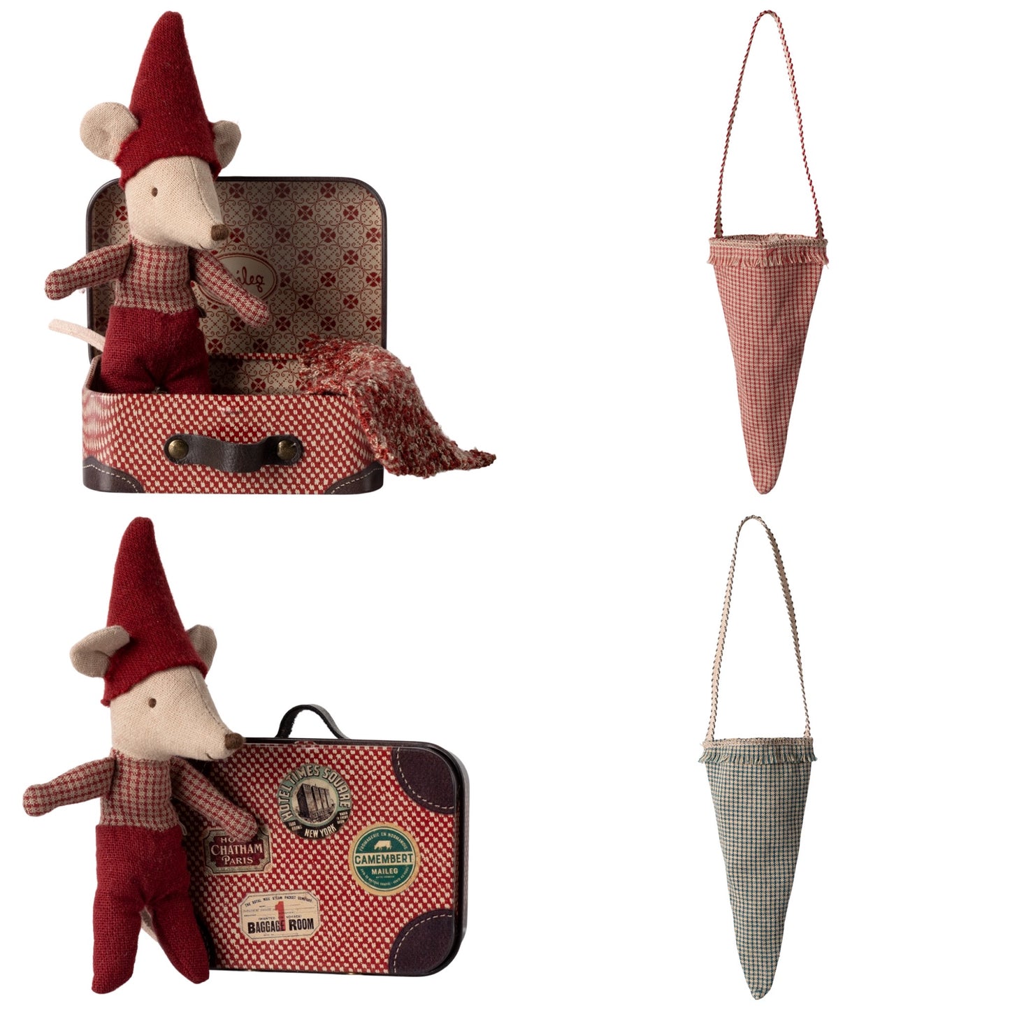 Maileg Christmas Mouse, Baby In Suitcase & Maileg Cornet Decoration (Red Or Petrol) Bundle - Worth £25.50