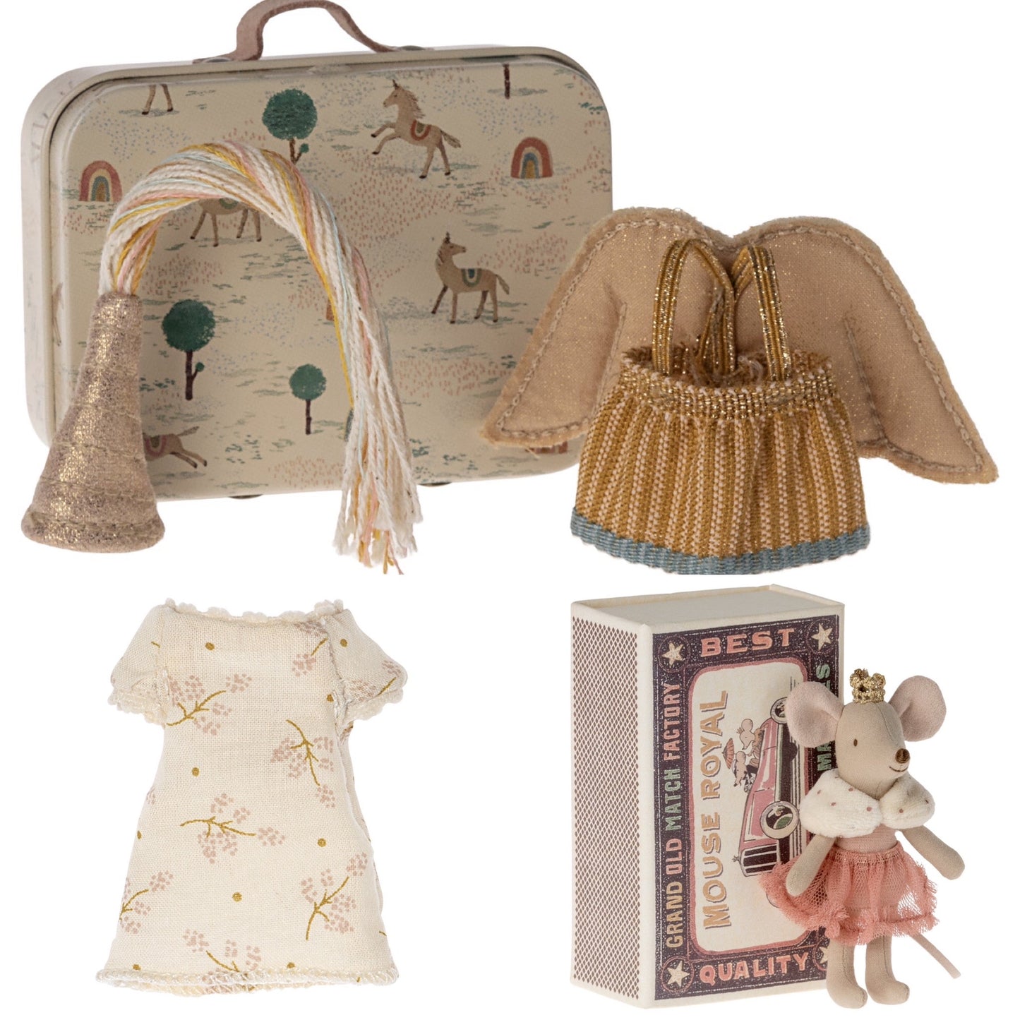 Maileg Princess Mouse Little Sister In Matchbox & Nightgown & Fairy Clothes In Suitcase Bundle - Worth £46