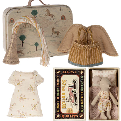 Maileg Little Sister Mouse With Magnetic Hands In Matchbox & Nightgown & Fairy Clothes In Suitcase Bundle - Worth £46