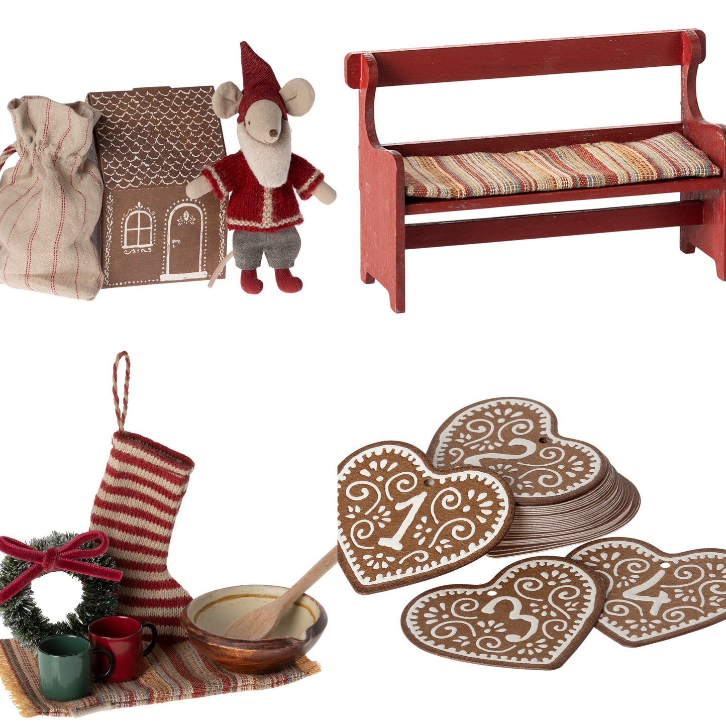 Maileg Santa Mouse Cosy Christmas With Bench (Red) Bundle - Worth £76.75