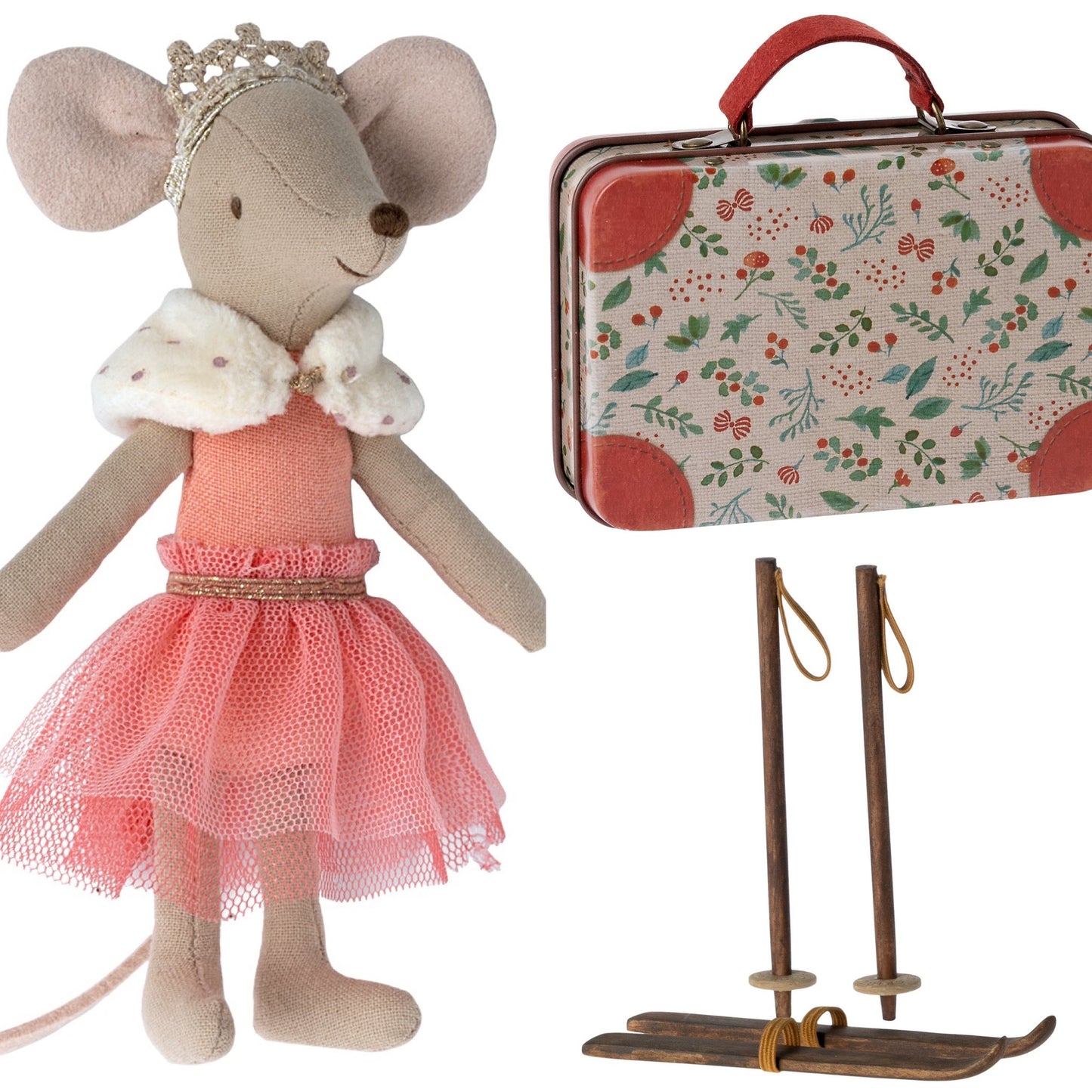 Maileg Princess Mouse Big Sister, Ski’s & Holly Suitcase Bundle - Worth £35.50