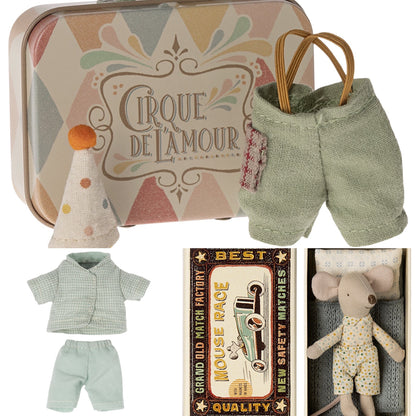 Maileg Little Brother Mouse With Magnetic Hands In Matchbox & Pyjamas & Clown Clothes In Suitcase Bundle - Worth £46