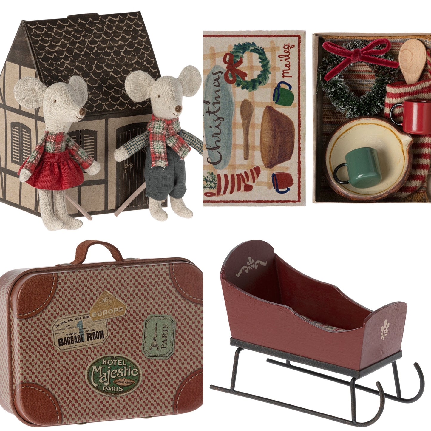 Maileg Winter Mice Twins, Little Sister & Brother Cosy Sleigh (Red) Bundle - Worth £78.75