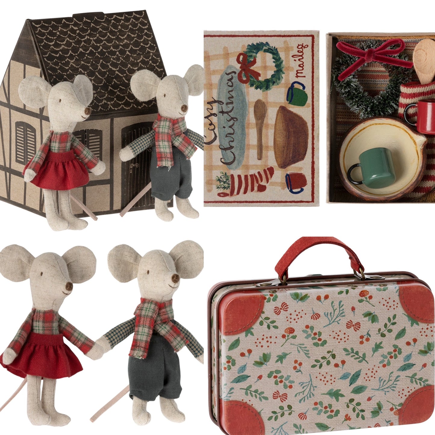 Maileg Winter Mice Twins, Little Sister/Brother Cosy Christmas With Holly Suitcase Bundle - Worth £60.75