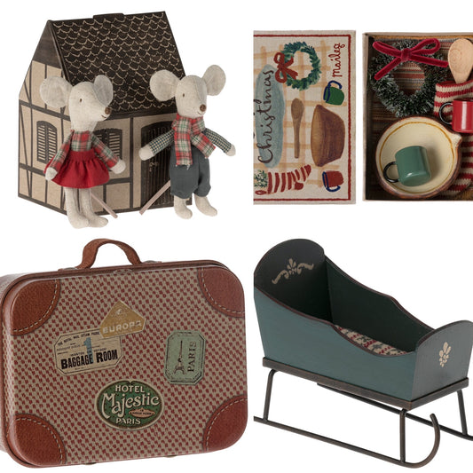 Maileg Winter Mice Twins, Little Sister & Brother Cosy Sleigh (Green) Bundle - Worth £78.75