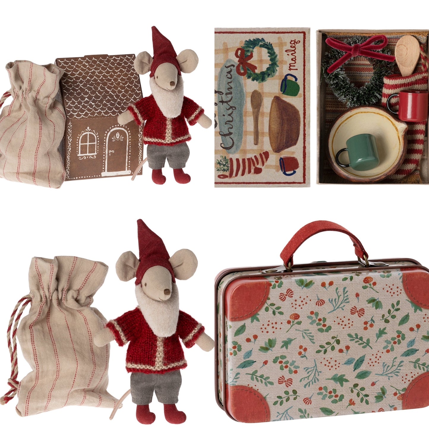 Maileg Santa Mouse Cosy Christmas With Holly Suitcase Bundle - Worth £67.75