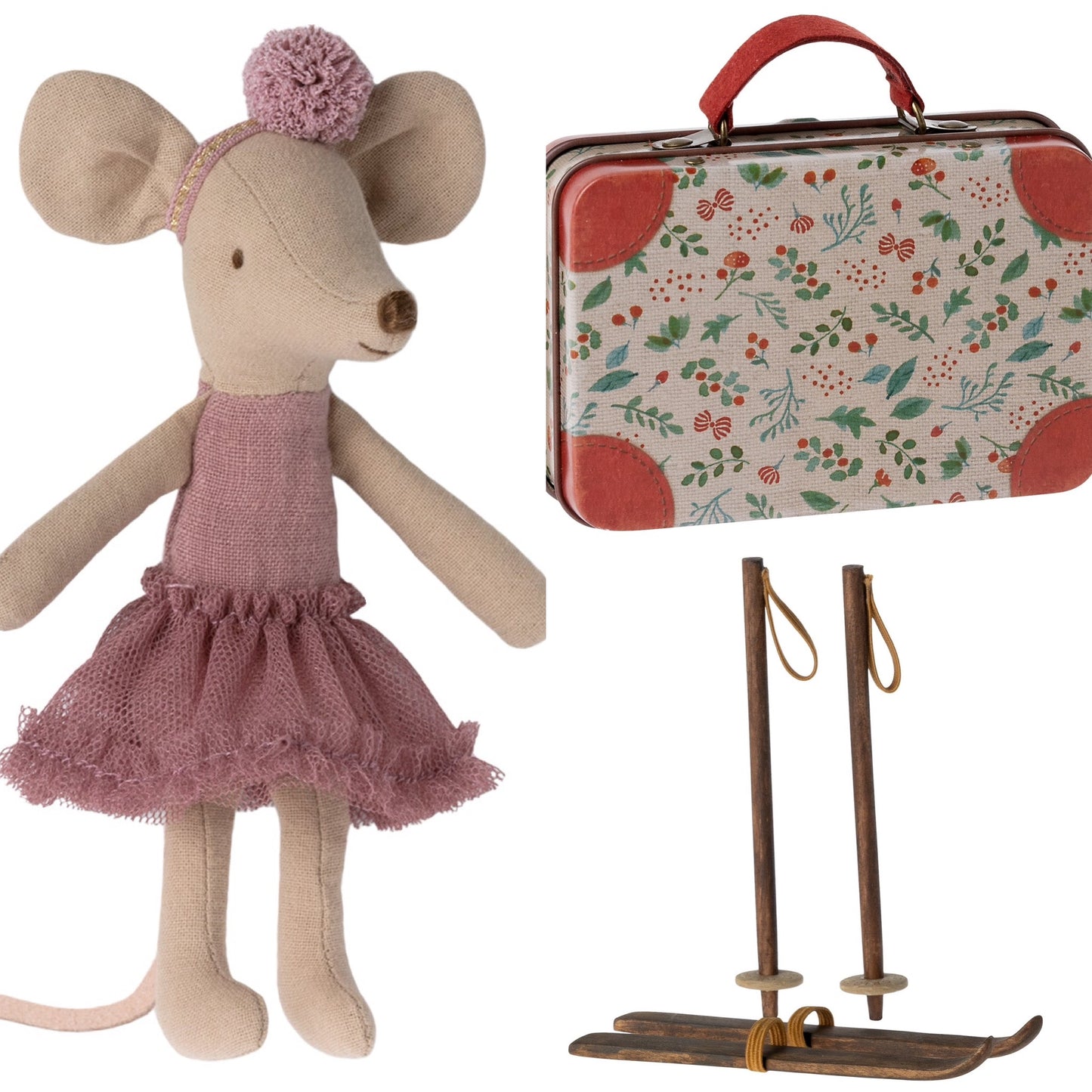 Maileg Ballerina Mouse, Big Sister - Heather, Ski’s & Holly Suitcase Bundle - Worth £32.00